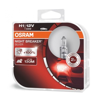 Set 2 becuri halogen OSRAM H1 12V 55W P14 5S NIGHT BREAKER SILVER +100%